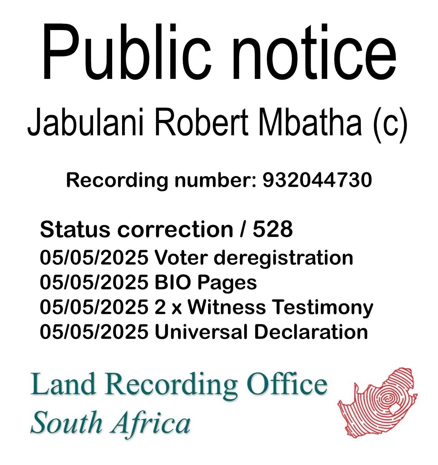 Public Notice Jabulani Robert Mbatha Recording Number 932044730